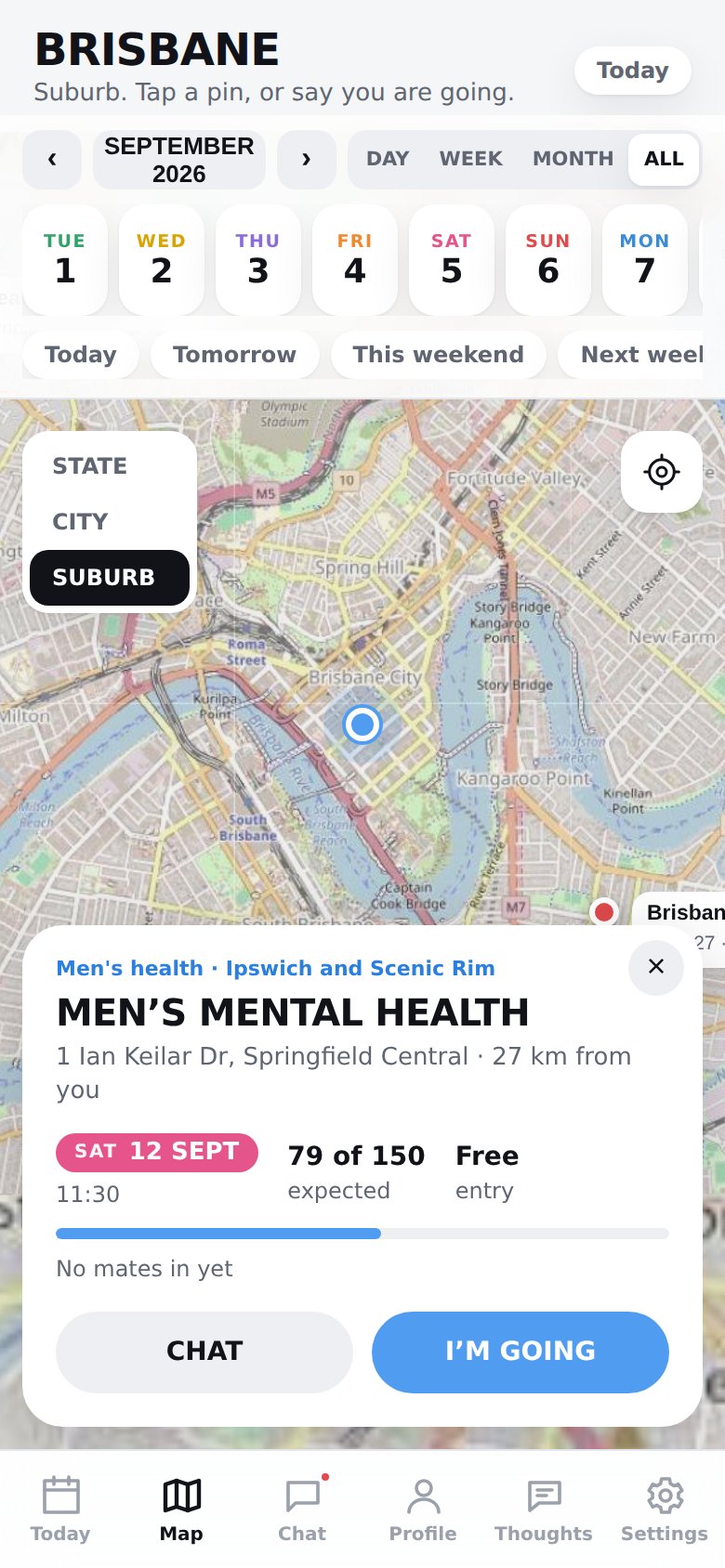 Muster event card showing capacity, mates going and an I'm going button