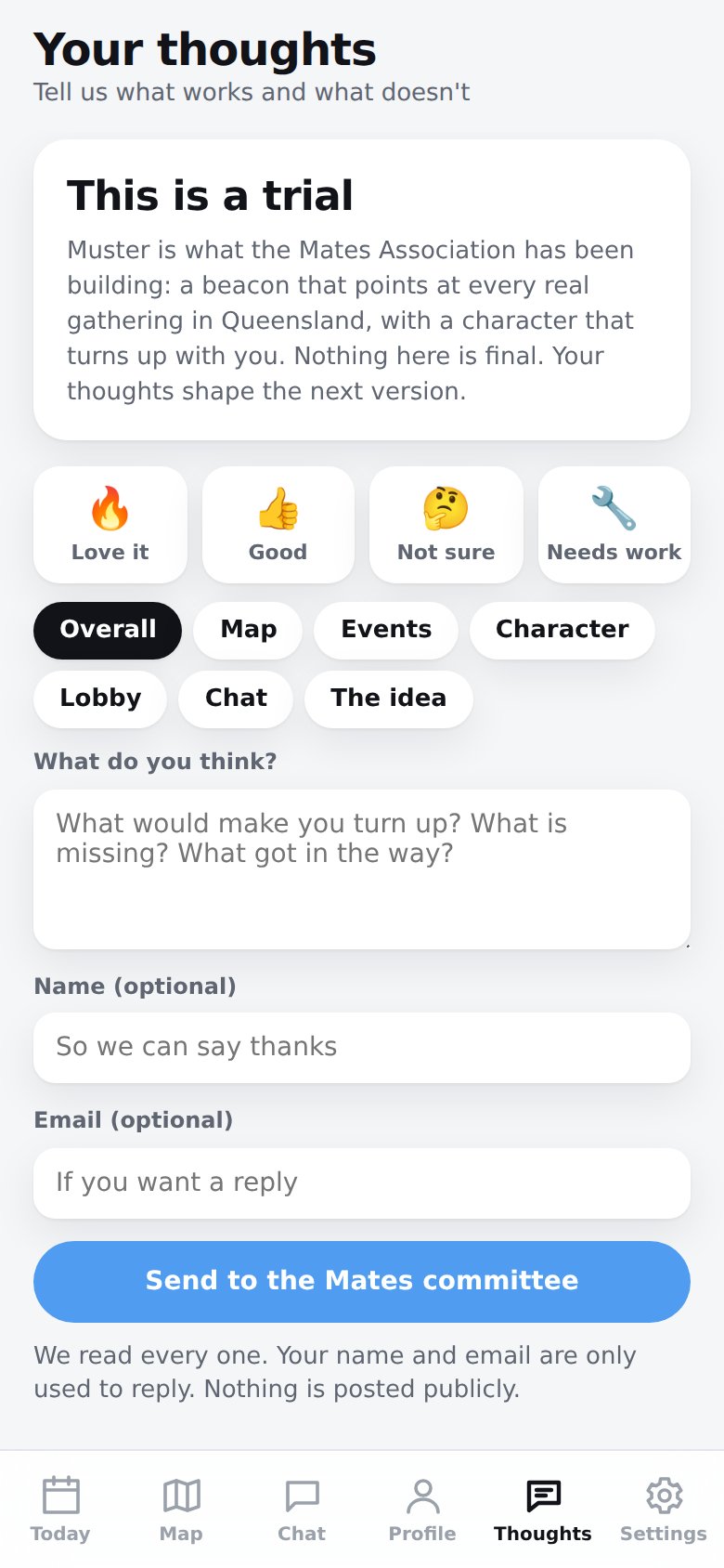 Muster feedback screen: tell the Mates committee what you think