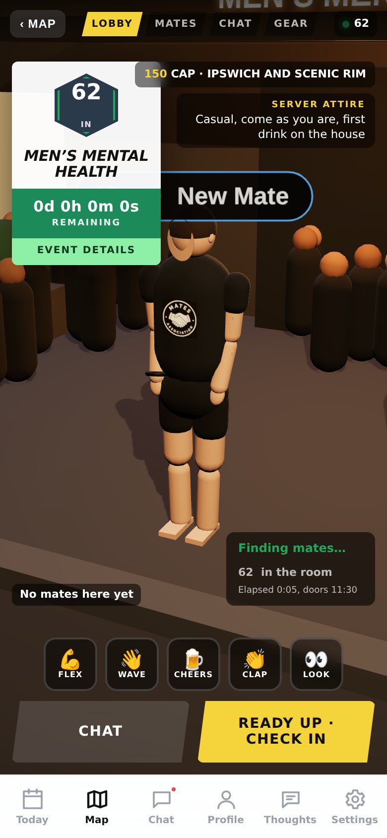 Muster lobby: your character standing in the room with the live headcount